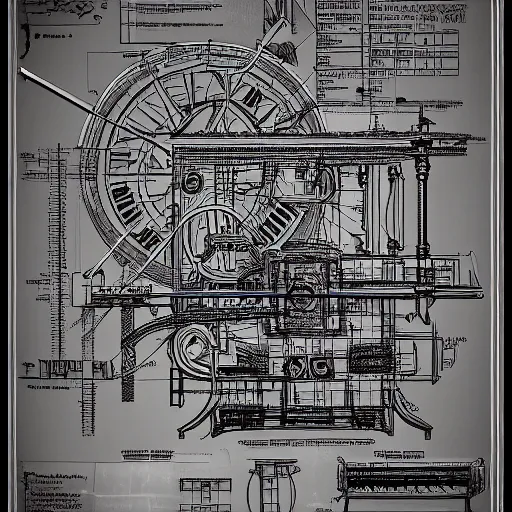 Image similar to a very detailed scheme blueprint of the time machine