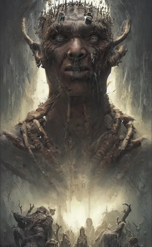 Prompt: tribal ritual in a village of death, symmetrical face features, front game card, drark, marvel comics, dark, intricate, highly detailed, smooth, artstation, digital illustration by ruan jia and mandy jurgens and artgerm and wayne barlowe and greg rutkowski and zdislav beksinski