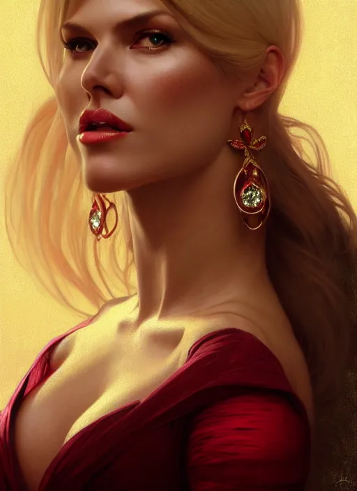 Image similar to portrait of victoria silvstedt as a sultry lady, collar, jewelry, greek, ruby, intricate, headshot, highly detailed, digital painting, artstation, concept art, sharp focus, cinematic lighting, illustration, art by artgerm and greg rutkowski, alphonse mucha, cgsociety