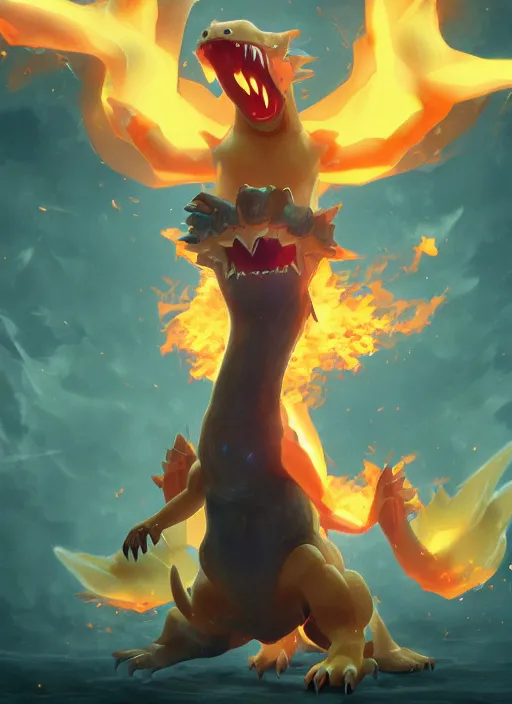 Prompt: pokemon charizard screaming fire coming out of mouth, epic scene, highly detailed, high quality, 8 k, 4 k, octane render, digital painting, alena aenami, tom bagshaw, lilia alvarado, karol bak, alphonse mucha, shinji aramaki