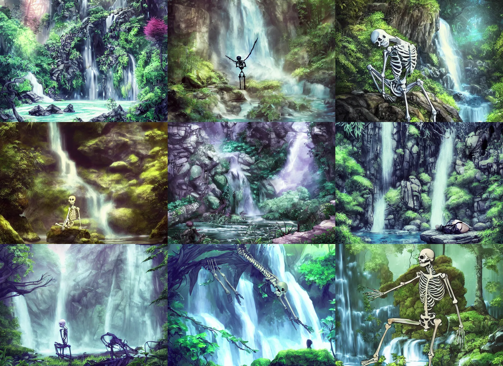 Prompt: beautiful still of a skeleton laying near a waterfall, magical, fantasy, digital art, studio ghibli