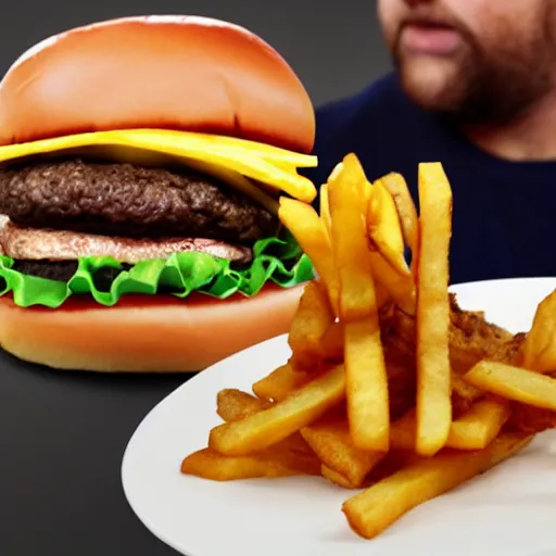 Image similar to a hamburger eating a human with fries on the side