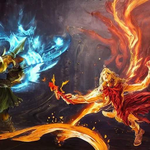 Prompt: A highly detailed oil painting concept art of a sorcerer casting an acid splash spell against a fighter wielding a greatsword, highly detailed concept art.