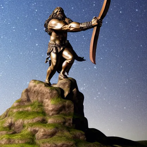 Image similar to a grand bronze statue of a burly muscular viking wielding a halberd, holding a hanging ancient scale balance in one outstretched hand, with a small building located on the scale balance, flowing hair and long robes, regal and menacing visage, built in a verdant field surrounded by ancient ruins, twilight sky, enhanced 4 k stylized digital art