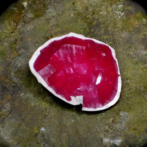 Prompt: a cut ruby gemstone mushroom, shiny, in the forest, high detail