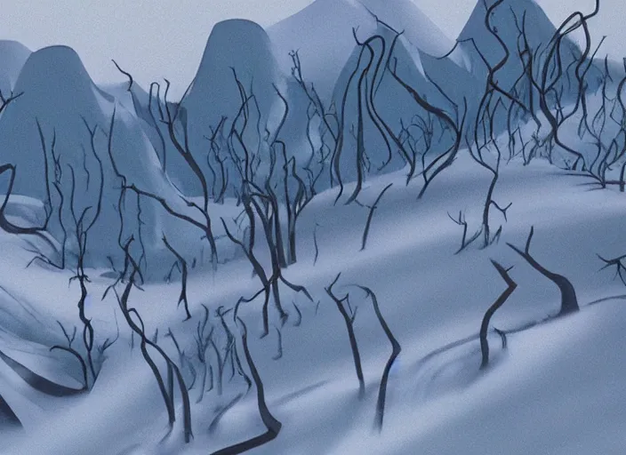 Image similar to minimalist charred moody rhythmic dramatic wooded snowdrift landscape from mulan ( 1 9 9 8 )