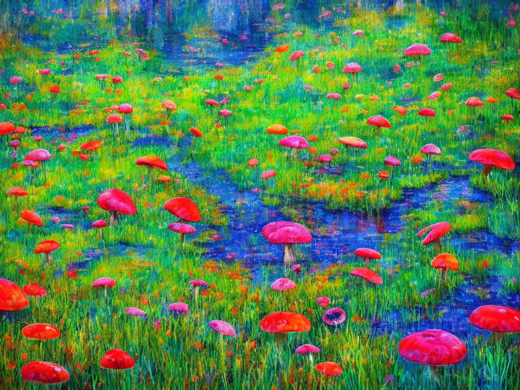 Prompt: an impressionist painting of a gorgeous meadow filled with colorful mushrooms with a stream flowing through it, psychedelic colors, trending on artstation