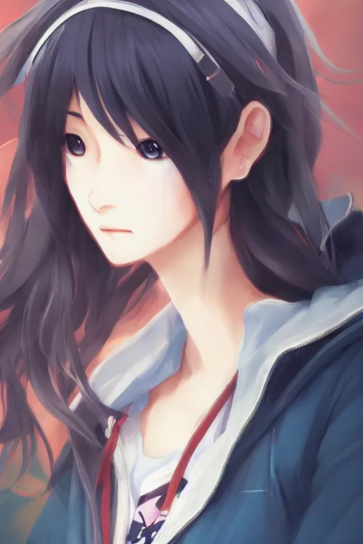 Image similar to anime girl wearing a jacket, gorgeous face, anime style, by makoto shinkai, by wenjun lin, digital drawing