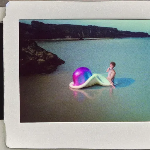 Image similar to a pastel colour high fidelity Polaroid photo from a holiday album at a seaside with abstract inflatable parachute furniture, all objects made of transparent iridescent Perspex and metallic silver, no people, iridescence, nostalgic