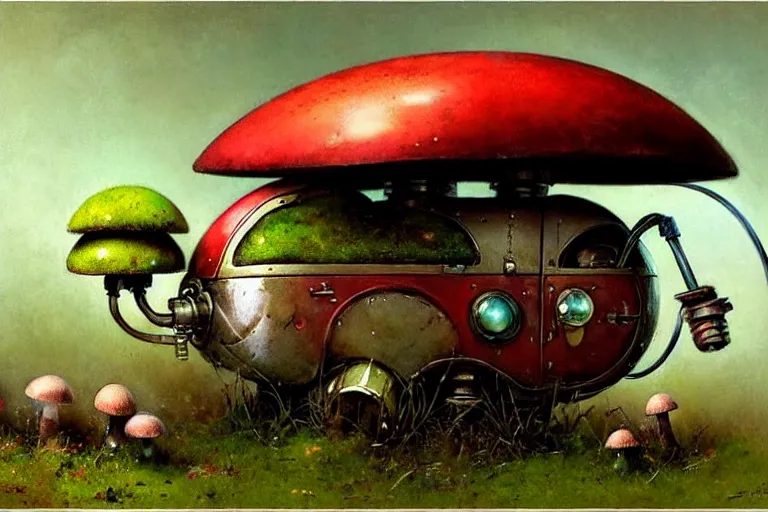Image similar to adventurer ( ( ( ( ( 1 9 5 0 s retro future robot android mouse wagon. muted colors. background of mushrooms and moss ) ) ) ) ) by jean baptiste monge!!!!!!!!!!!!!!!!!!!!!!!!! chrome red