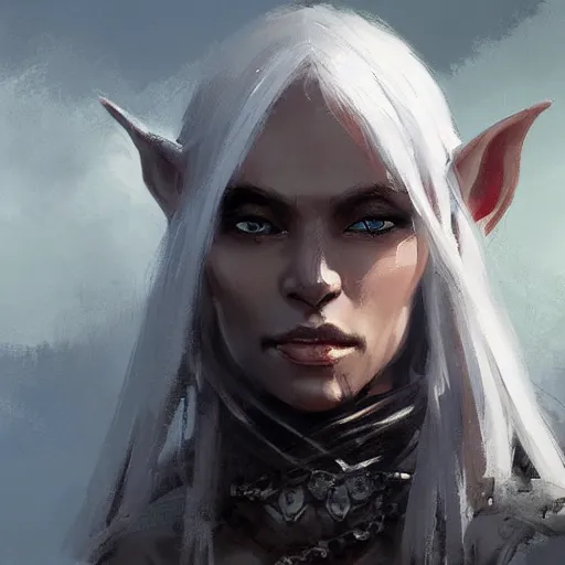 Image similar to closeup portrait of a drow elf, dungeons and dragons character, castle background, gorgeous view, realistic, high detail, digital art, painted by greg rutkowski, painted by jeremy mann, trending on artstation