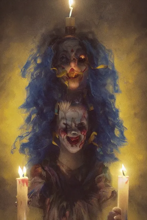 Image similar to Spirit of a creepy clown girl with blue and yellow ribbons in her hair holding a candle in the middle of the room, horror, illustrated by Greg Rutkowski , Trending on artstation,