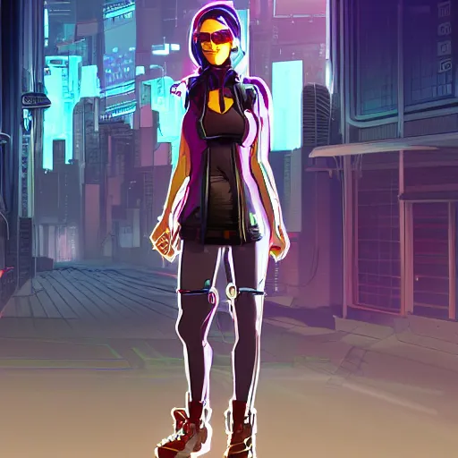 Image similar to full length character design, digital art of a cyberpunk girl in a cyberpunk street with sunshaft