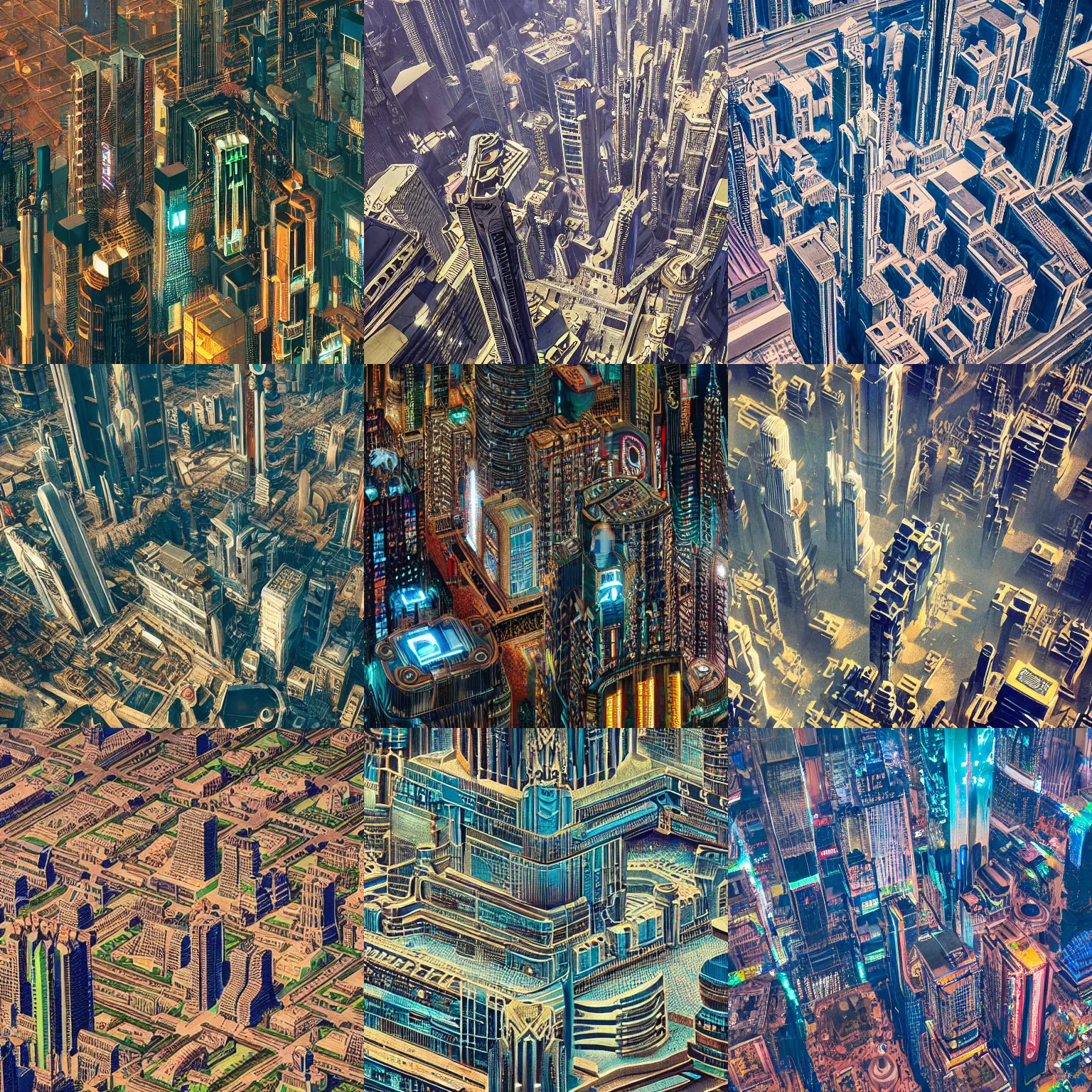 Prompt: detailed photo of an enormous cyberpunk Art Deco city seen from above, rich ornamentation and gardens