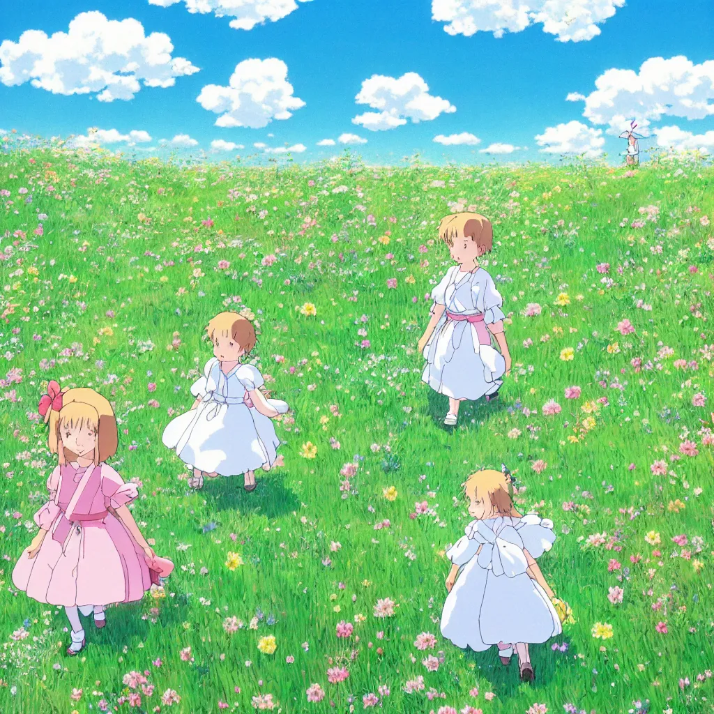 Image similar to little girl in princess dress with her puppy, walking through a field of flowers, puffy clouds, beautiful, summer, calm, studio ghibli, art by hayao miyazaki, makoto shinkai