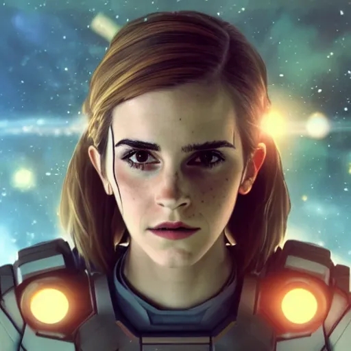 Image similar to a highly detailed matte portrait emma watson as samus aran standing in a space station and looking at jupiter, sci fi and fantasy, viewed in profile from far away, crackling black lightning, ultrawide lens, art by artgerm and greg rutkowski and alphonse mucha, volumetric lighting, octane render, 4 k resolution, trending on artstation, masterpiece