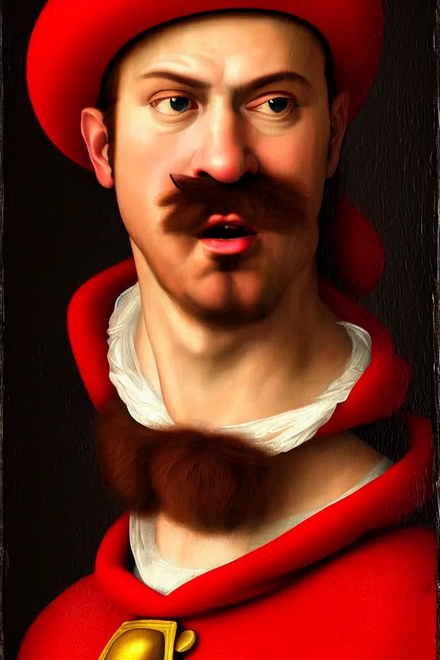 Image similar to bizarre renaissance portrait of mario as a highly detailed realistic real life person, dramatic cinematic lighting, 8 k, beautiful intricate painting