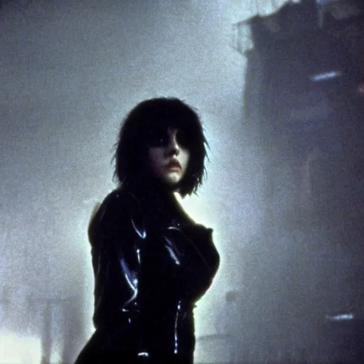 Image similar to a film portrait still of joan jett in blade runner, gritty cyberpunk atmosphere. realism, cinematic lighting, beautiful gothic fantasy photorealistic, 4 k. 8 mm. grainy. panavision.