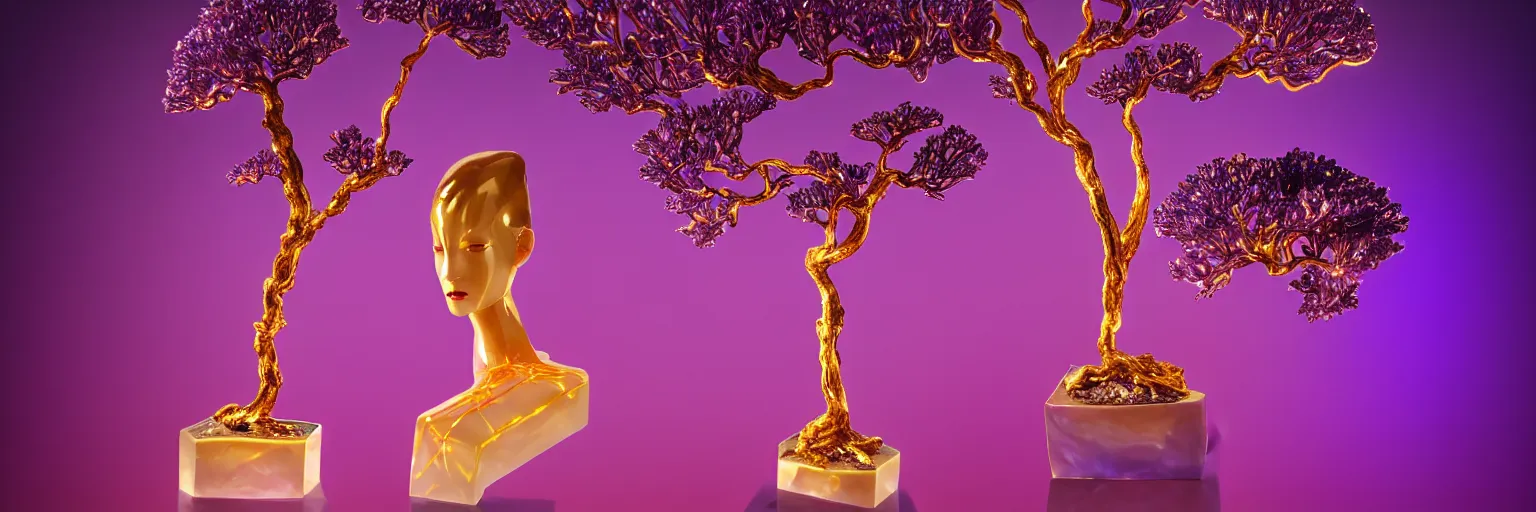 Prompt: beautiful mannequin sculpted out of amethyst by billelis + lit with geometric neon dripping gold + kintsugi, facing a doorway opening with neon pink geometric fractal light + flowering bonsai trees + lighting in background!!, transcendent, clean linework, dramatic, finely detailed, award winning, 4 k, trending on artstation, photorealistic, volumetric lighting, octane render