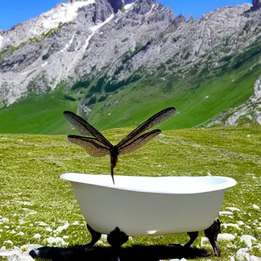 Prompt: dragonfly in a bathtub in the alps, big ibex!! in the background