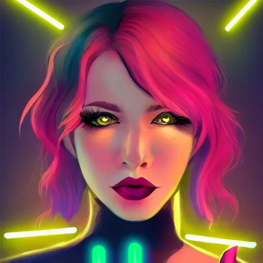 Prompt: confident woman, making a V sign hand gesture, hand on hip, gradient hair, heavy winged eyeliner, long fake lashes, overlined lipstick, subtle blush, mouth open with tongue sticking out, cross-eyed, in a neon lit sci-fi bar, trending on Artstation, digital art, in the style of artgerm and WLOP