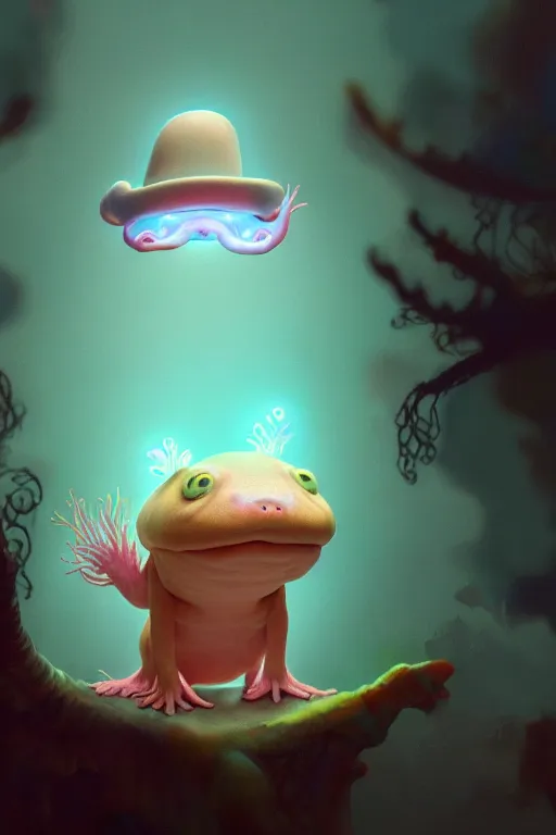 Image similar to Bioluminescent, portrait of axolotl wearing wizard hat, very intricate , trending on artstation , very elegant, in the golden hour by Daniel Merriam, Trending on Artstation, oil on Canvas by Elena Zhurikhina and Goro Fujita and Charlie Bowater, octane render, 4k, 8k, HD
