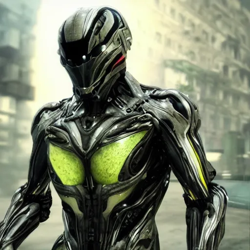 Image similar to the nanosuit from crysis 3 in ultra realistic detail, lit like a apple iphone ad with white light studio background and typography annotations on the suit, ultra hd