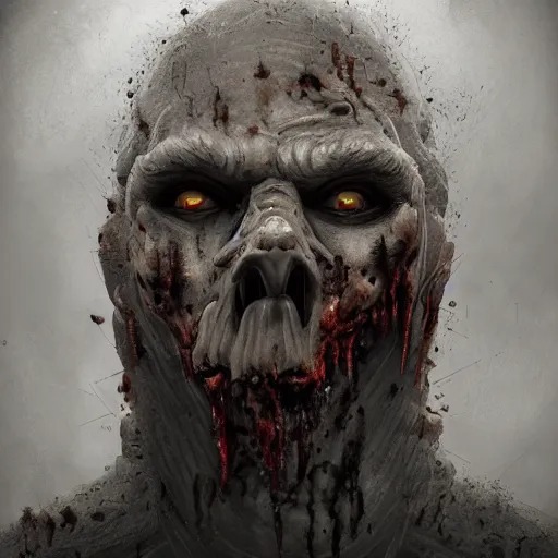 Image similar to a detailed portrait of a zombie golem by anton semenov, horror, dark, digital art, realistic painting, character design, trending on artstation