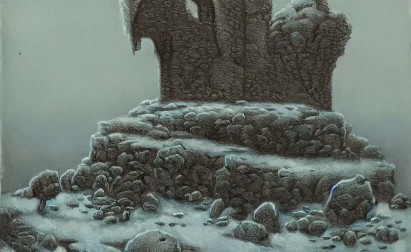 Image similar to phendrana drifts by zdzisław beksinski, icy landscape, snow, metroid, stone pillars, ruins, frozen lake