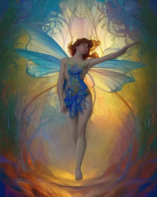 Image similar to a beautiful fairy in a morning dreamland, full body, coherent design, symmetrical, vivid color, complementary color, golden ratio, detailed, sharp lines, intricate, rainbowshift, by james gurney, by peter mohrbacher, by alphonse mucha, by maxfield parrish, by karol bak, waterhouse, by james gurney, octane render