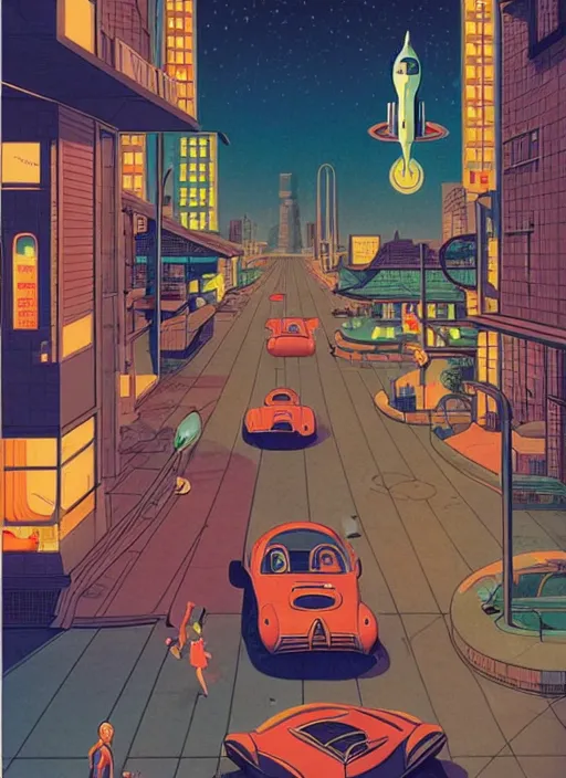 Prompt: 1 9 5 0 s street view retrofuturism at night by michael whelan and naomi okubo and dan mumford. cute 1 9 5 0 s astronauts. cel - shaded. bright paint