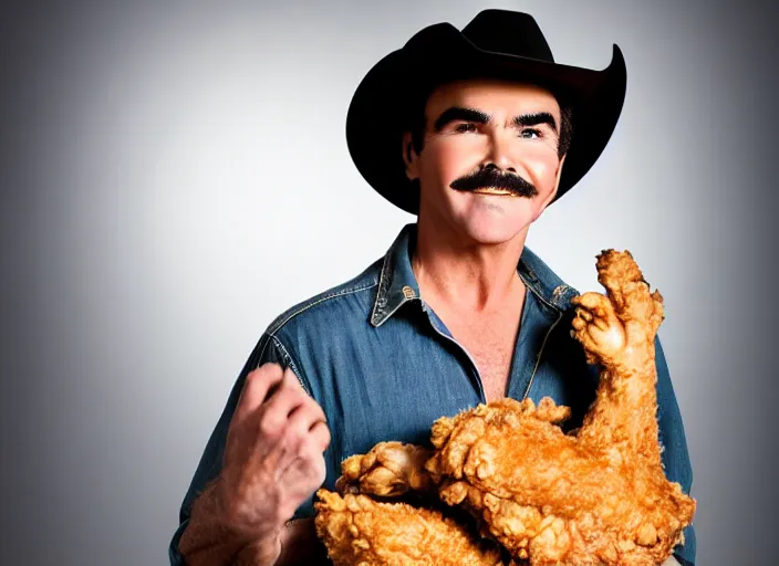 Image similar to studio portrait photo still of 2 0 year old burt reynolds!!!!!!!! at age 2 0 2 0 years old 2 0 years of age!!!!!!! wearing a cowboy hat holding a bucket of fried chicken, 8 k, 8 5 mm f 1. 8, studio lighting, rim light, right side key light