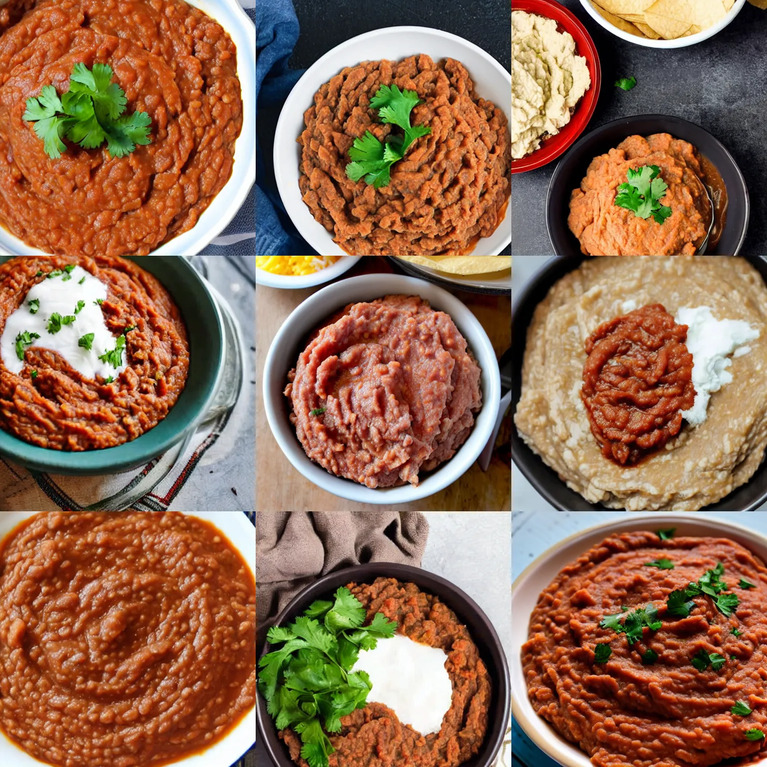 Prompt: a bowl of coarsley mashed refried beans