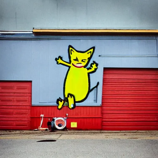 Image similar to realistic photograph of one bright yellow cat wearing a red hat, a green shirt and blue overalls dancing in a parking lot