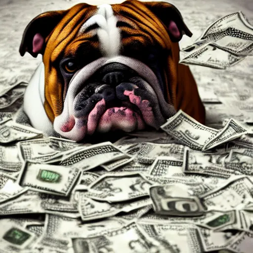 Image similar to english bulldog in pile of money, artstation