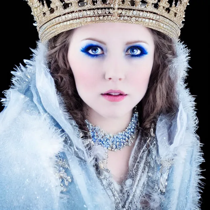 Prompt: portrait photograph of a real-life extremely beautiful!! ice queen with ornate cloak and crown, looking at the camera!!. Extremely detailed.