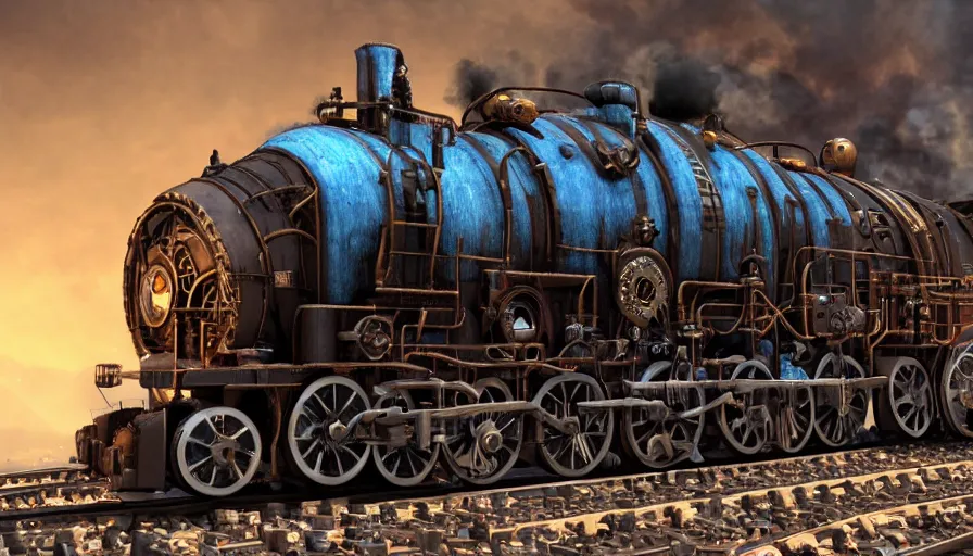 Prompt: steampunk locomotive, cinematic, low angle, dramatic lighting, artstation, cgsociety, octane render, blue leds