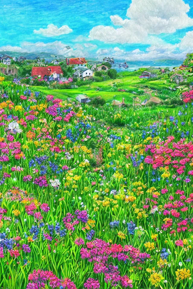Prompt: a countryside in spring, green hills and blue sky with patches of clouds, nature in all its beauty, some houses in the background, star - shaped flowers in the foreground, we can see the sea, digital painting, colored pencil, detailed,