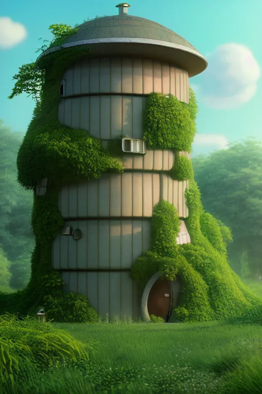 Image similar to cylindrical house, solarpunk, studio ghibli, jean - baptiste monge, octane render, 4 k