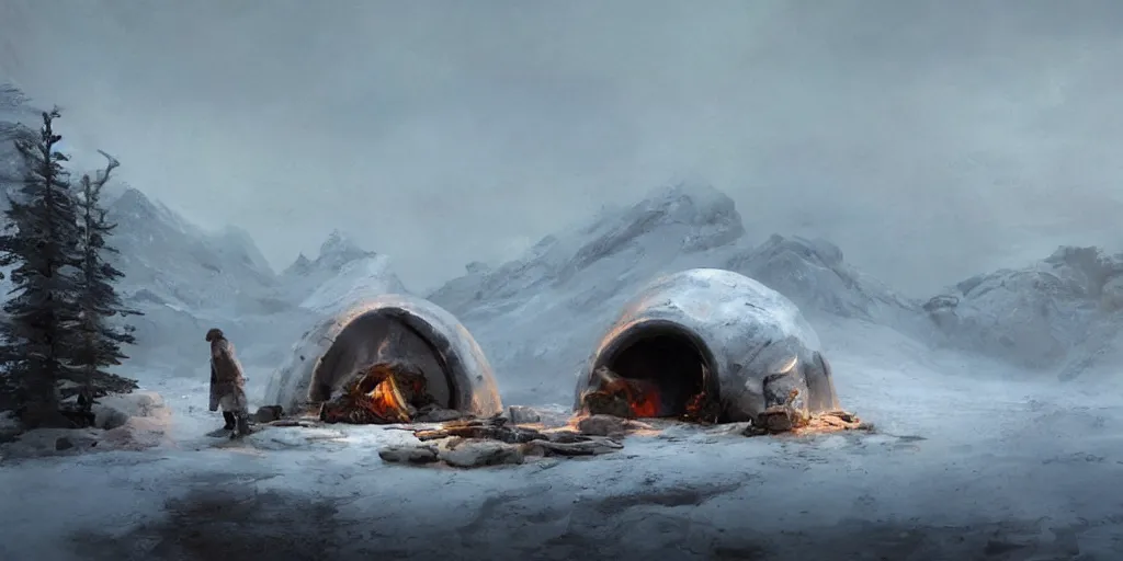 Image similar to an igloo in the tundra, with a campfire near the entrance, mysterious matte painting by ruan jia and craig mullins, trending on artstation