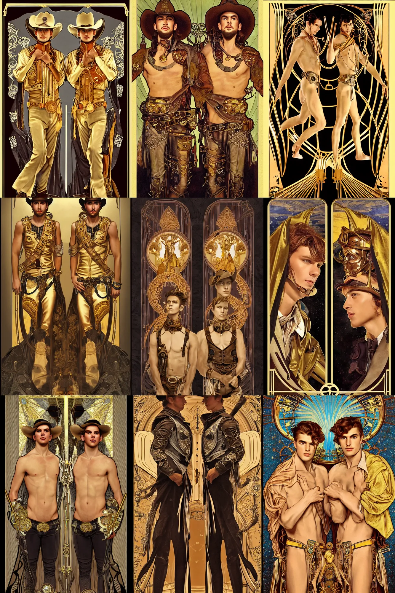 Prompt: a dramatic ethereal epic symmetrical painting of handsome cowboy twins with one wearing gold and one wearing silver | tarot card, art deco, art nouveau, (steampunk), homoerotic, realistic | by Mark Maggiori and ((((Alphonse Mucha))) | trending on artstation