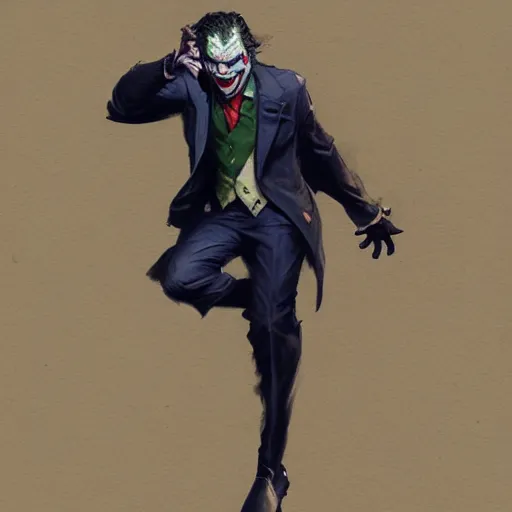 Prompt: joker sketch, full body, dynamic pose, painted by greg rutkowski