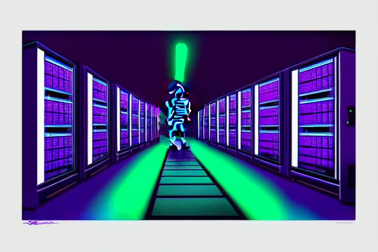 Image similar to realistic robot in a data server room, neon and dark, purple and blue color scheme, by dan mumford and alberto giacometti