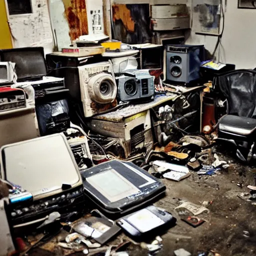 Prompt: a grimy grungy room full of broken electronic equipment