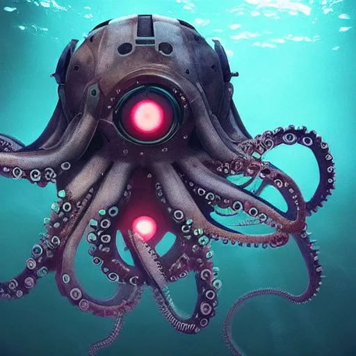 Prompt: a robot cyborg octopus, half octopus half machine, glowing eyes, underwater, murky, dark, ominous, film still