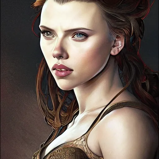 Image similar to Scarlett Johansson as a archer, cute, fantasy, intricate, elegant, highly detailed, centered, digital painting, artstation, concept art, smooth, sharp focus, illustration, art by artgerm and H R Giger and alphonse mucha