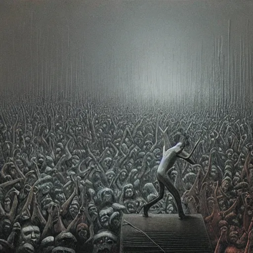Prompt: a hyperrealistic painting of a punk gig by zdzislaw beksinski,