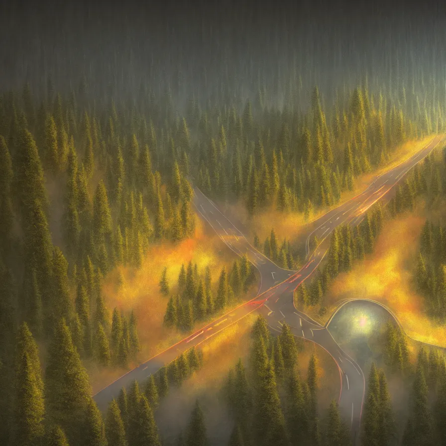 Prompt: surrealist semiabstract rendition of a single epic highway road going down to the horizon through a thick pine forests and rocky mountain coasts plunging into an immense sunset. bird view, atmospheric foggy landscape, psychedelic, ultra realistic, modern art, photorealistic, octane render, by nori inoguchi and sam kaplan and zachary goulko and christopher marley