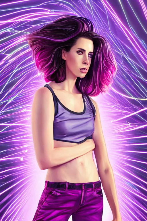 Image similar to a award winning half body portrait of a beautiful kristen ritter in a croptop and cargo pants with ombre purple pink teal hairstyle and hands in pockets by ari liloan, surrounded by whirling illuminated lines, outrun, vaporware, shaded flat illustration, digital art, trending on artstation, highly detailed, fine detail, intricate