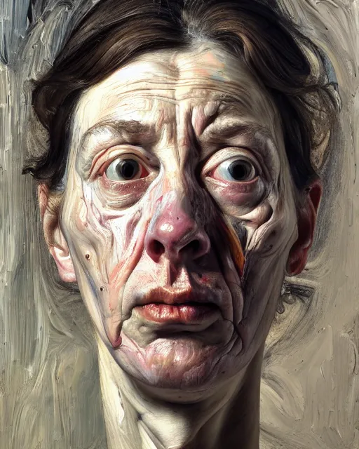 Prompt: a overhead close up portrait a very ordinary woman with a blank expression, facing front, looking up, by Lucian Freud and Jenny Saville, oil painting, anatomically correct, beautiful perfect face, sharp focus, Highly Detailed, Cinematic Lighting, 8k, HD